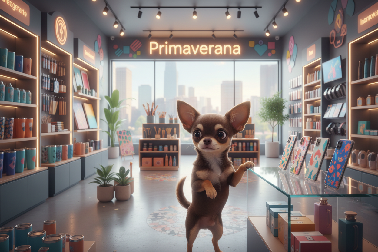 crea un chihuahua chocolate comprando en una tienda que vende articulos personalizados como (CASES DE CELULARES, termos, articulos de pintura) pero tambien vende articulos electronicos e innovadores. la tienda se llama Primaverana y el logo es el que ya puse en mi tienda